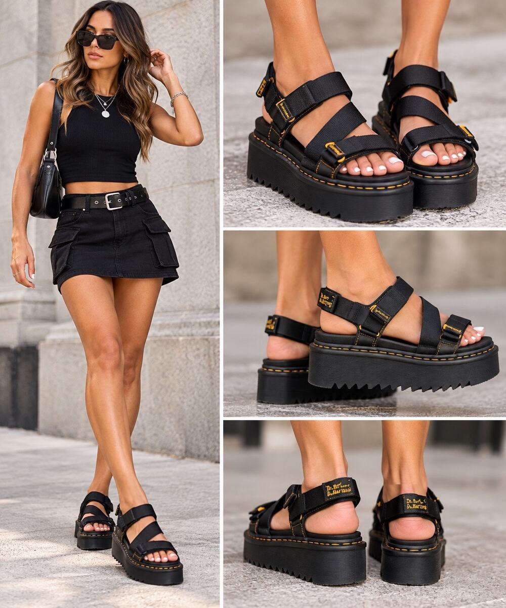 Dr. Martens Platform Sandals Women’s US 8 UK 6 Black Strappy Yellow Stitch